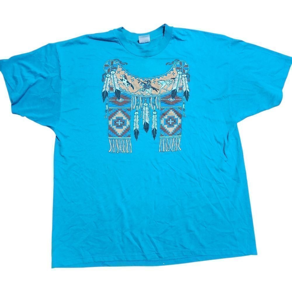 Vintage Single Stitch T Shirt Hanes Heavyweight XXL Teal Blue Native Navajo